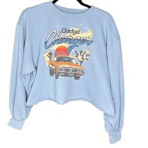Dodge Charger Womens XL Cropped Sweatshirt Blue Retro Car Graphic Raw Hem